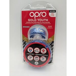 OPRO Gold Youth Mouthguard Kids S Blue W/ Case Strap Rugby Hockey Boxing UK